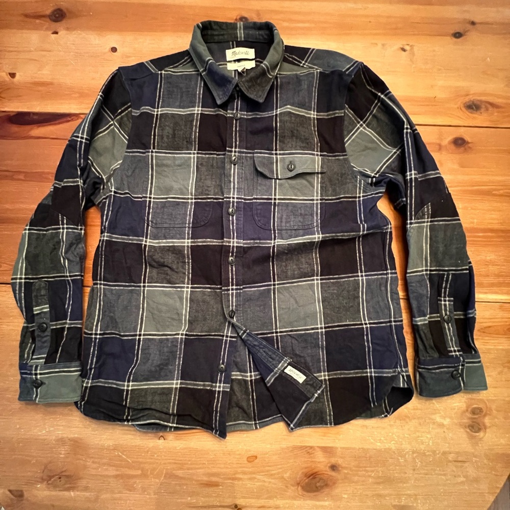 Men's Madewell Heavyweight Plaid Button-Up Shirt - Navy/Green size Large
